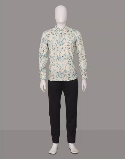 Men Floral Printed Glaxo Cotton Light Pista Short Kurta