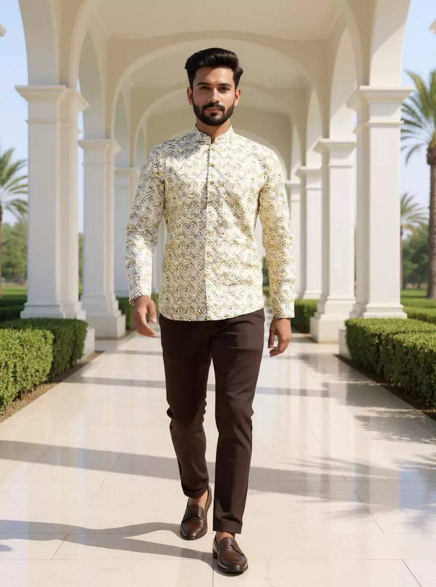 Pista Trellis Patterned Glaxo Cotton Short Kurta for Men