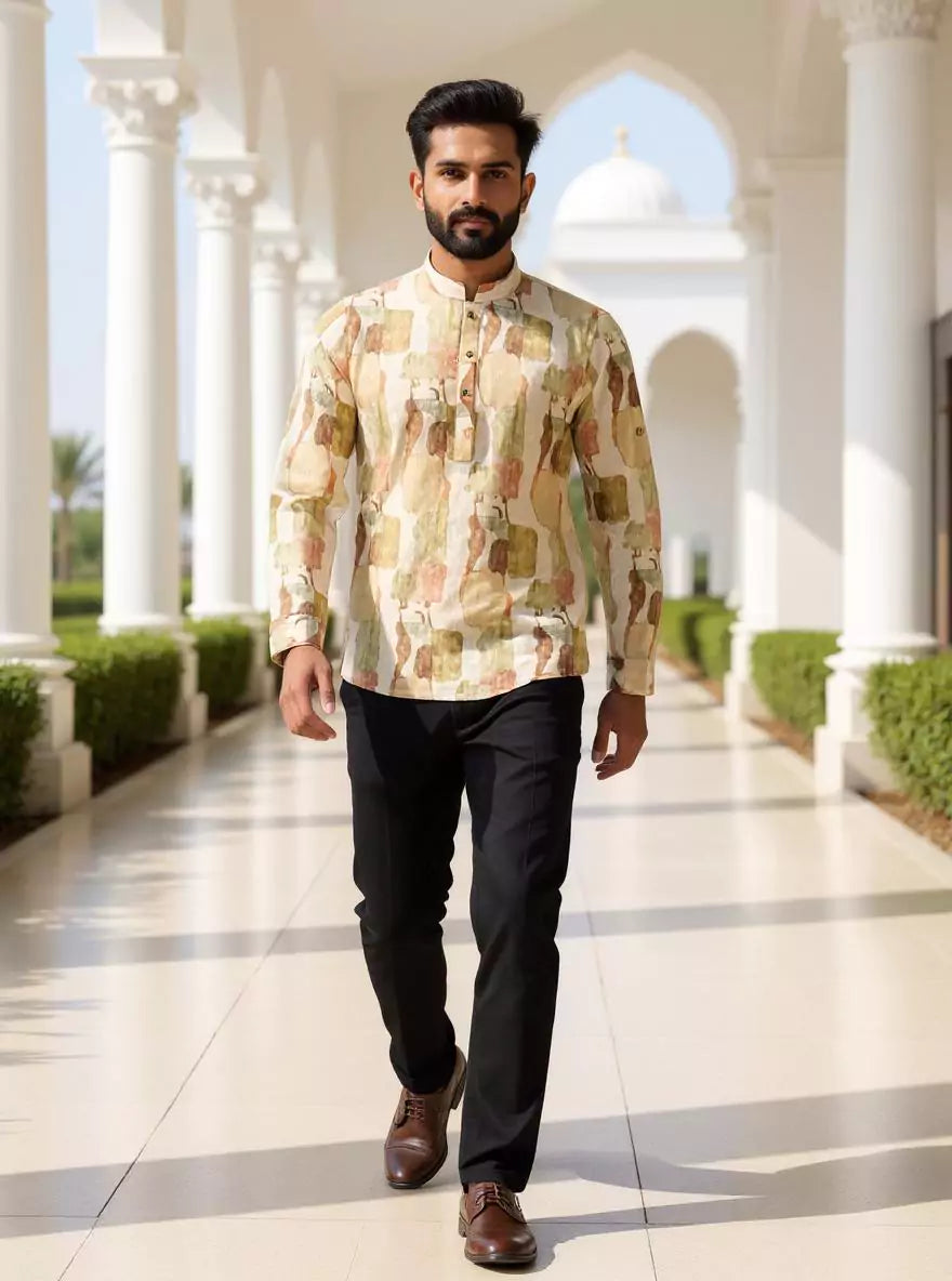 Graphic Print Giza Cotton Short Kurta in Brown