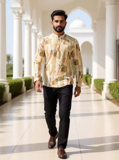 Graphic Print Giza Cotton Short Kurta in Brown