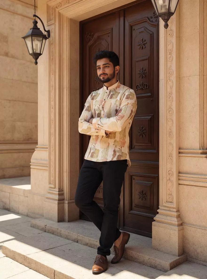 Graphic Print Giza Cotton Short Kurta in Brown