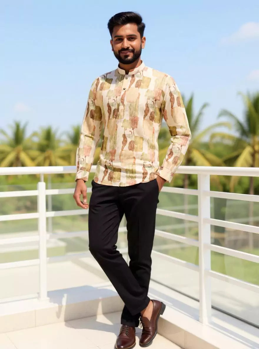 Graphic Print Giza Cotton Short Kurta in Brown