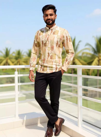 Graphic Print Giza Cotton Short Kurta in Brown