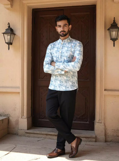 Glaxo Cotton Graphic Print Short Kurta in Sky Blue