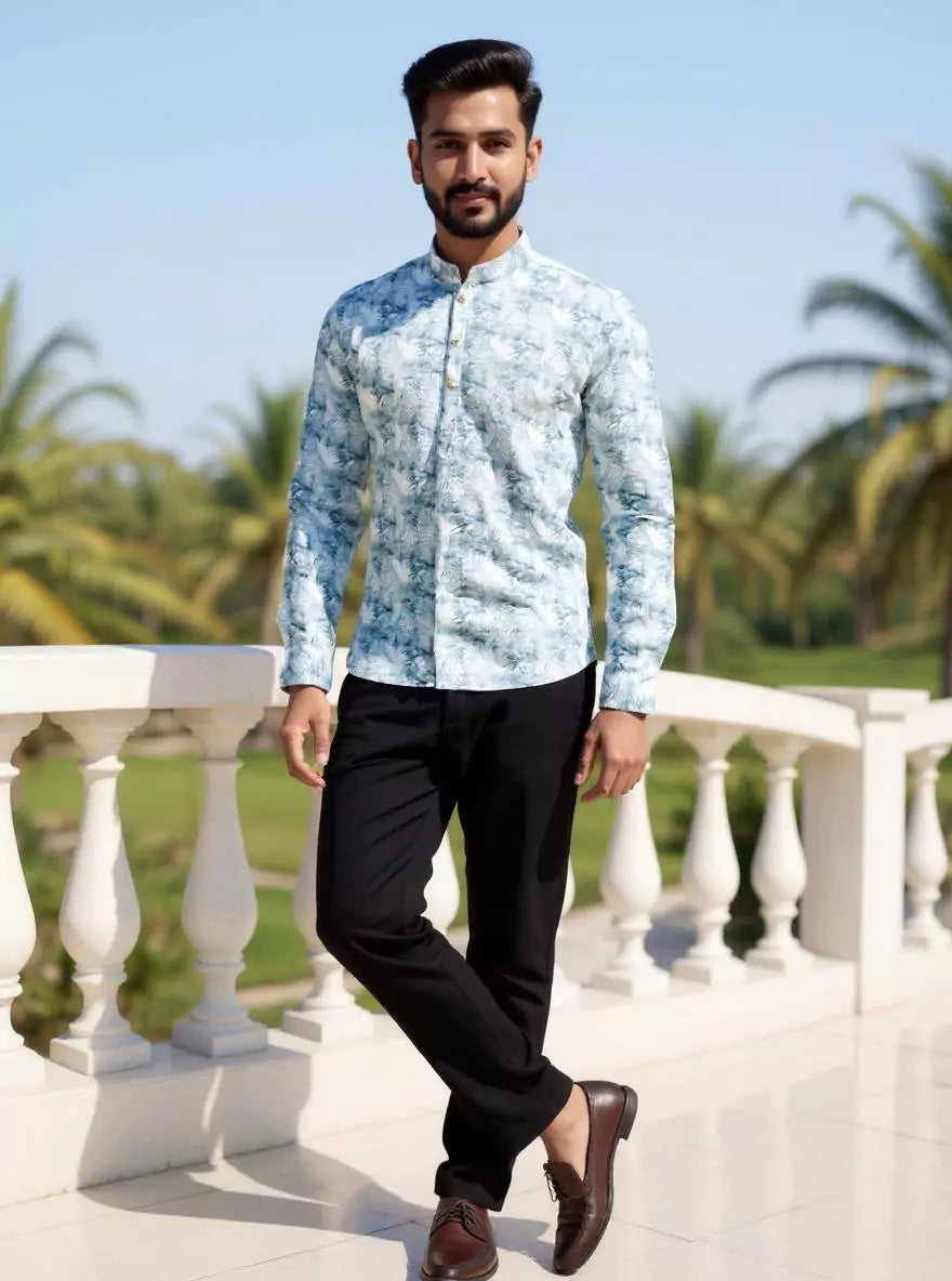 Glaxo Cotton Graphic Print Short Kurta in Sky Blue