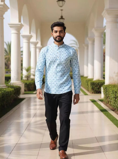 Blue Geometric Print Glaxo Cotton Short Kurta for Men