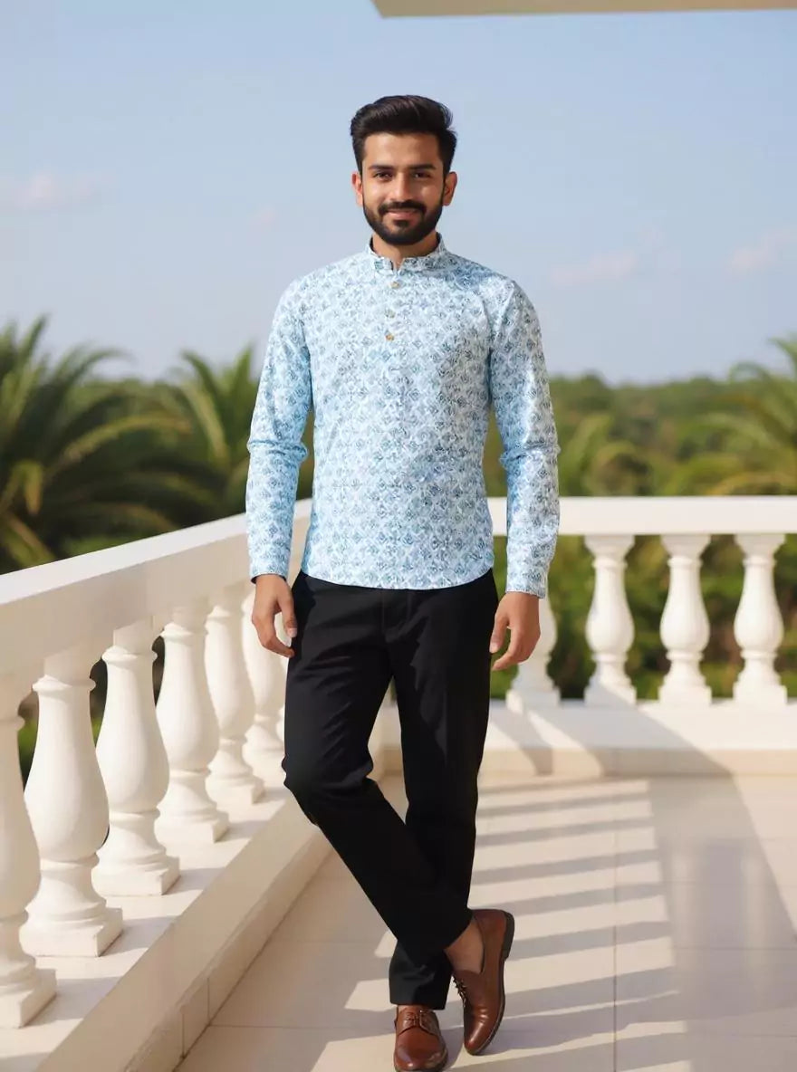Blue Geometric Print Glaxo Cotton Short Kurta for Men