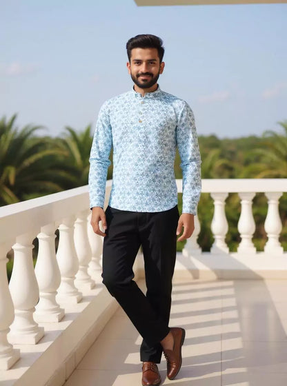 Blue Geometric Print Glaxo Cotton Short Kurta for Men