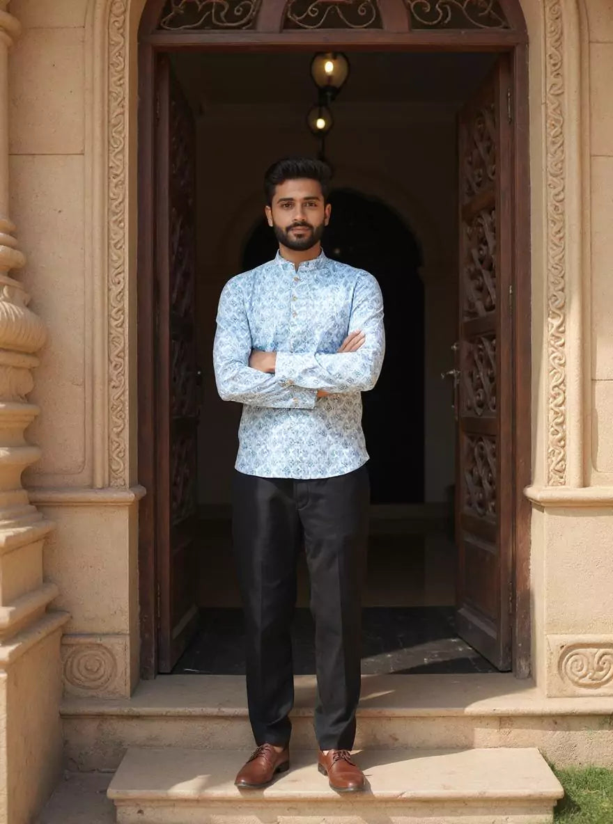 Blue Geometric Print Glaxo Cotton Short Kurta for Men