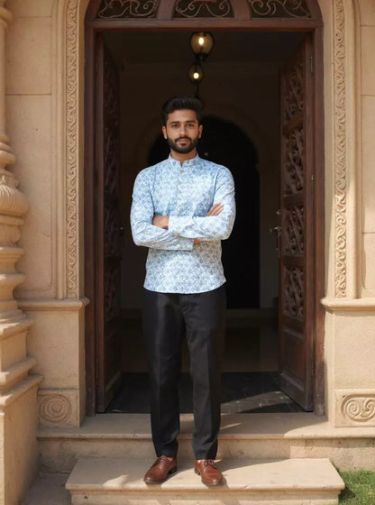 Blue Geometric Print Glaxo Cotton Short Kurta for Men