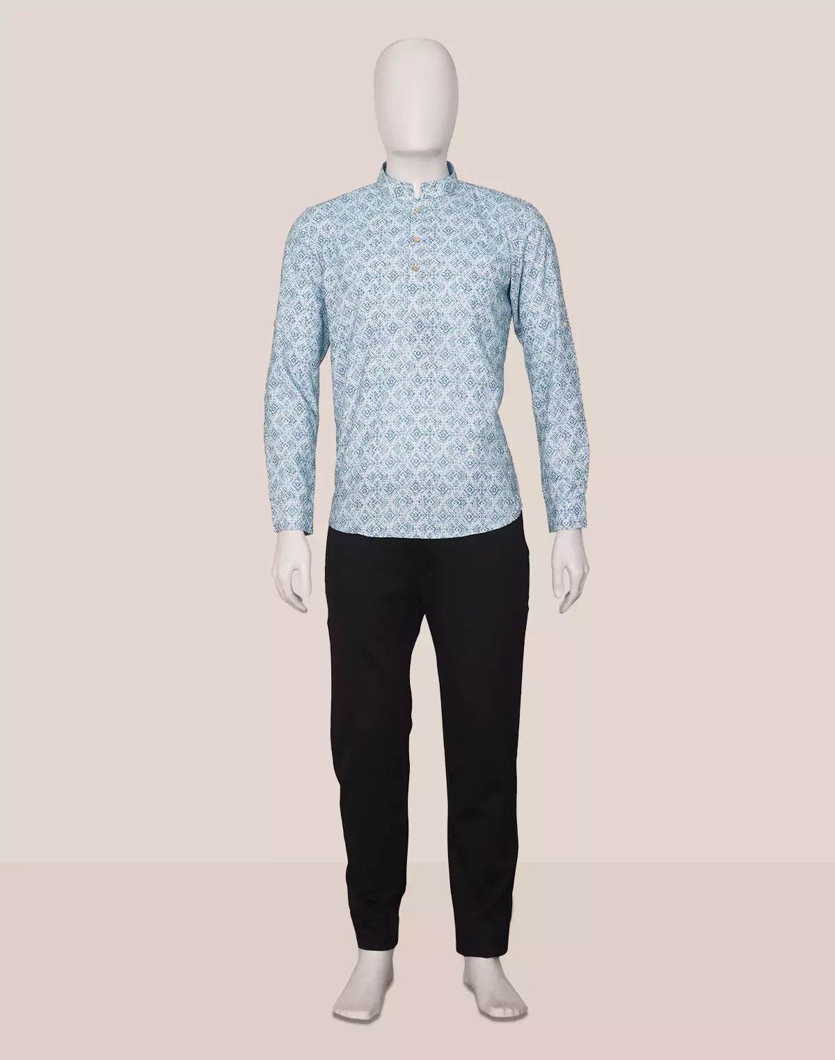 Blue Geometric Print Glaxo Cotton Short Kurta for Men
