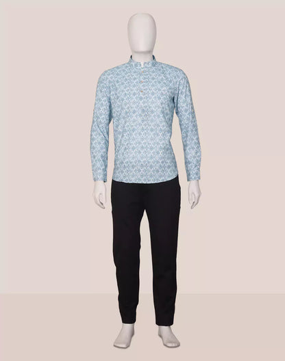 Blue Geometric Print Glaxo Cotton Short Kurta for Men