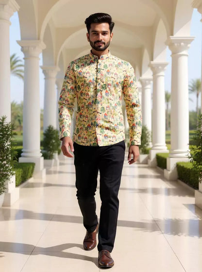 Mustard Botanical with Novelty Patterned Glaxo Cotton Short Kurta
