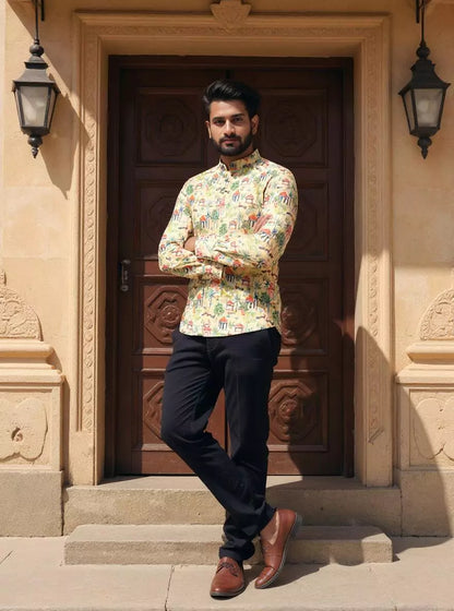 Mustard Botanical with Novelty Patterned Glaxo Cotton Short Kurta