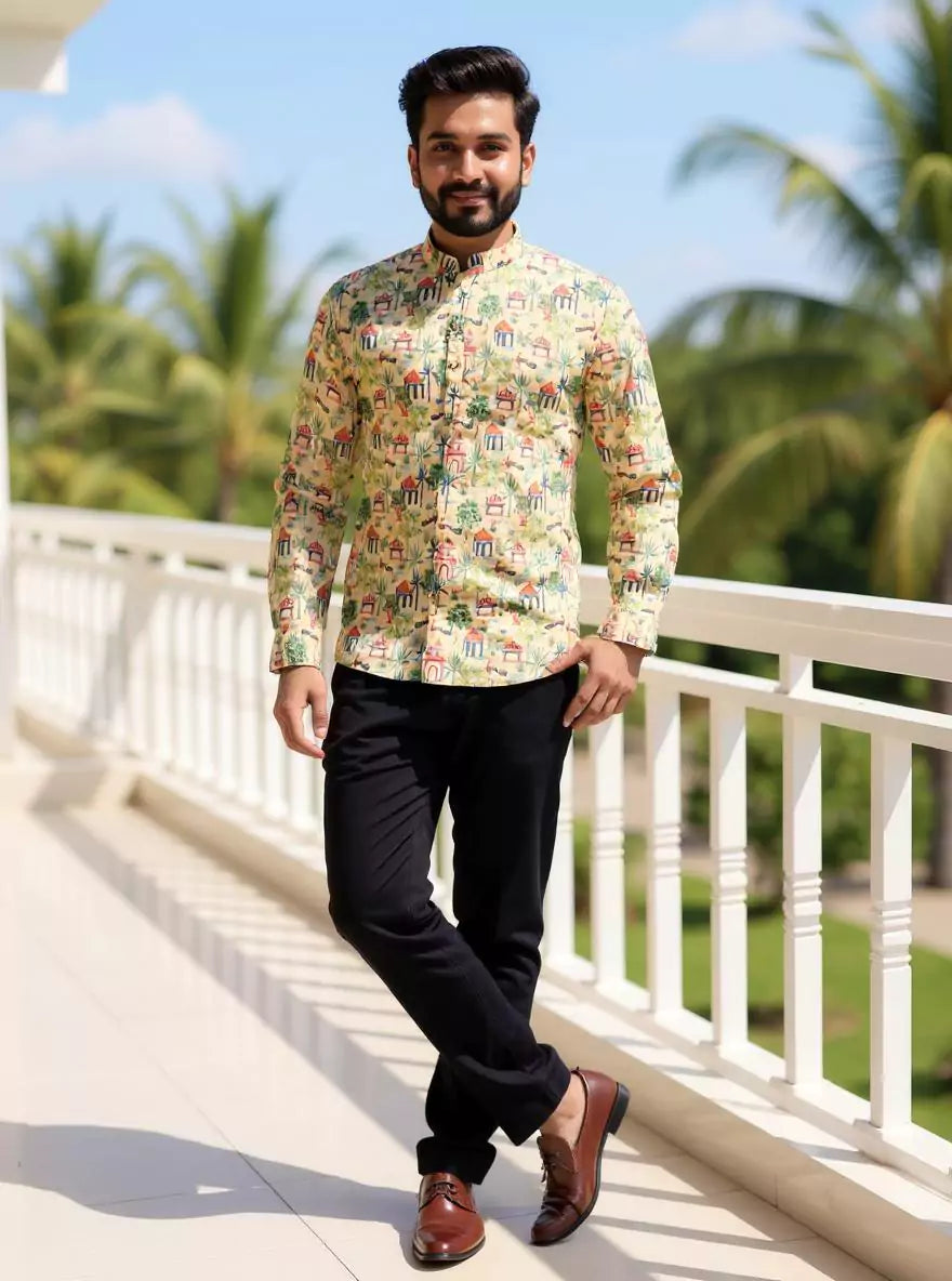 Mustard Botanical with Novelty Patterned Glaxo Cotton Short Kurta