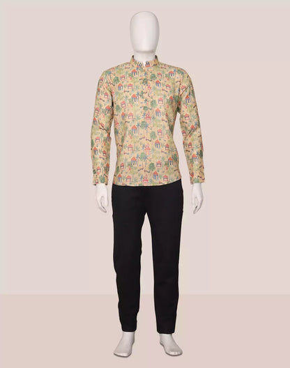 Mustard Botanical with Novelty Patterned Glaxo Cotton Short Kurta