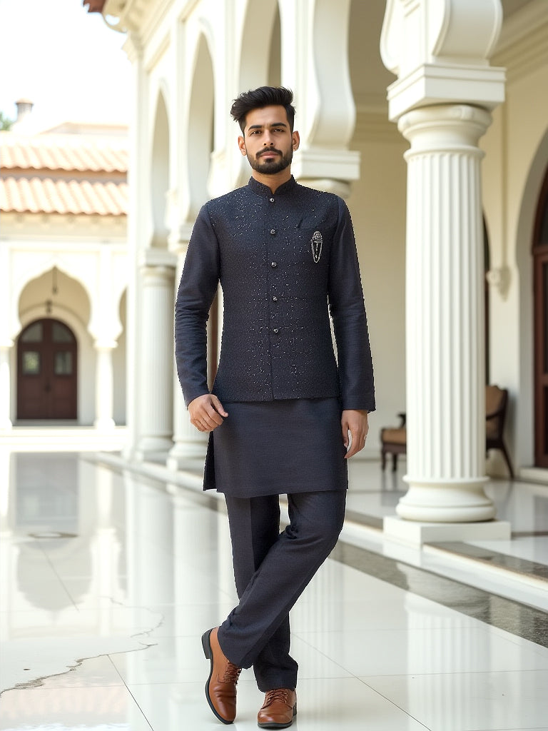 All Over Sequence Work Black Self Design Raw Silk Kurta Set