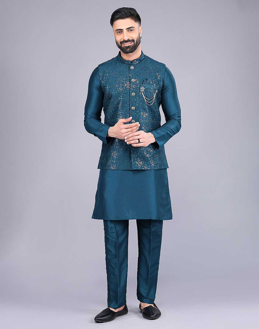 All Over Heavy Sequence work Raw Silk Rama Coloured Kurta Jacket