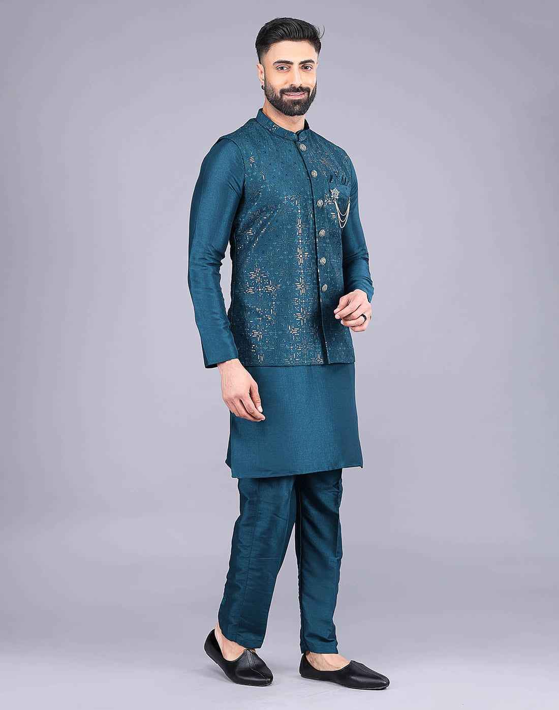 All Over Heavy Sequence work Raw Silk Rama Coloured Kurta Jacket