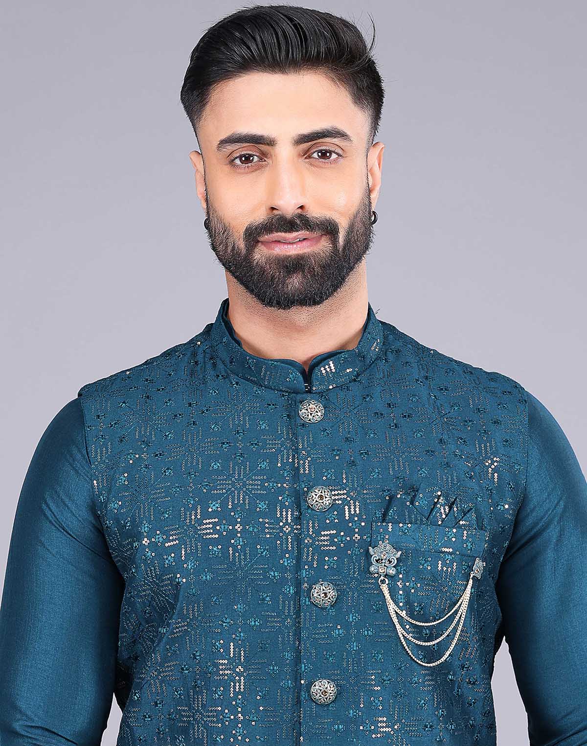 All Over Heavy Sequence work Raw Silk Rama Coloured Kurta Jacket