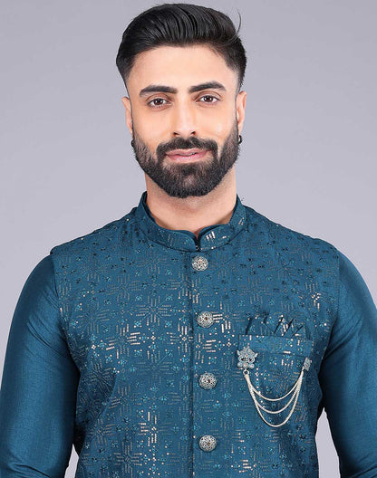 All Over Heavy Sequence work Raw Silk Rama Coloured Kurta Jacket