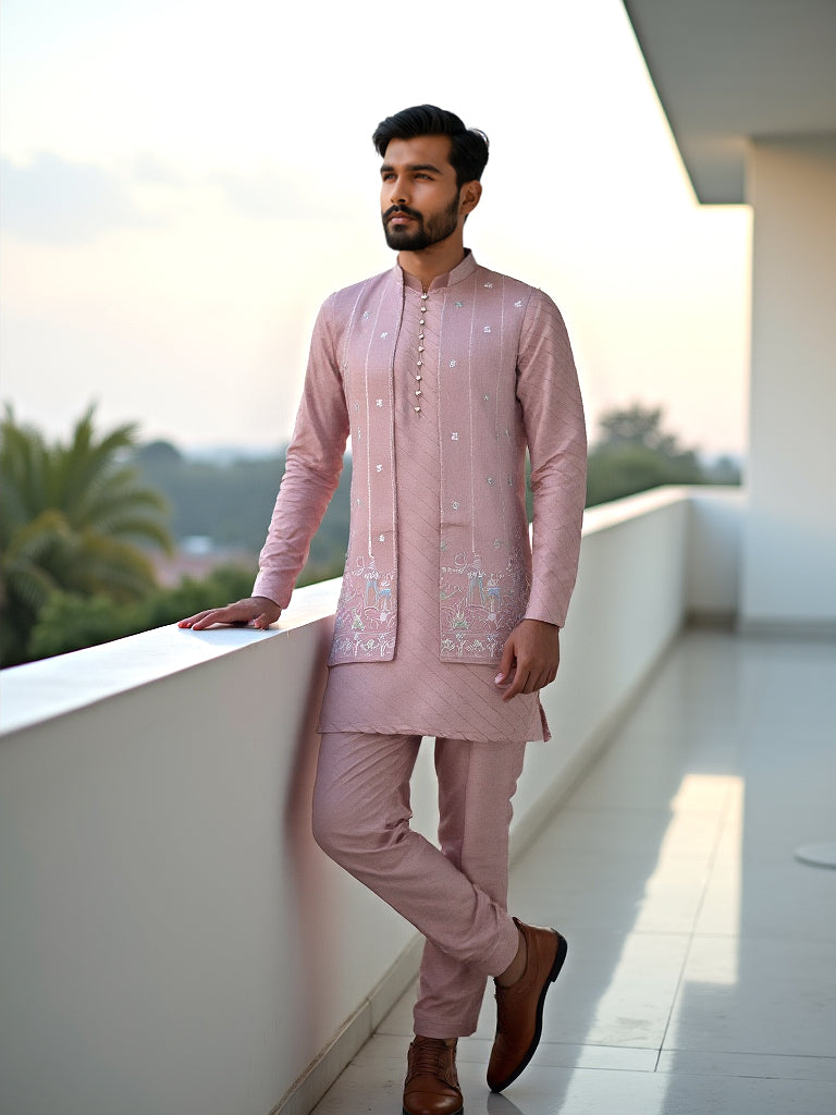 All Over Floral Embroidery Design Onion Raw Silk Kurta Set