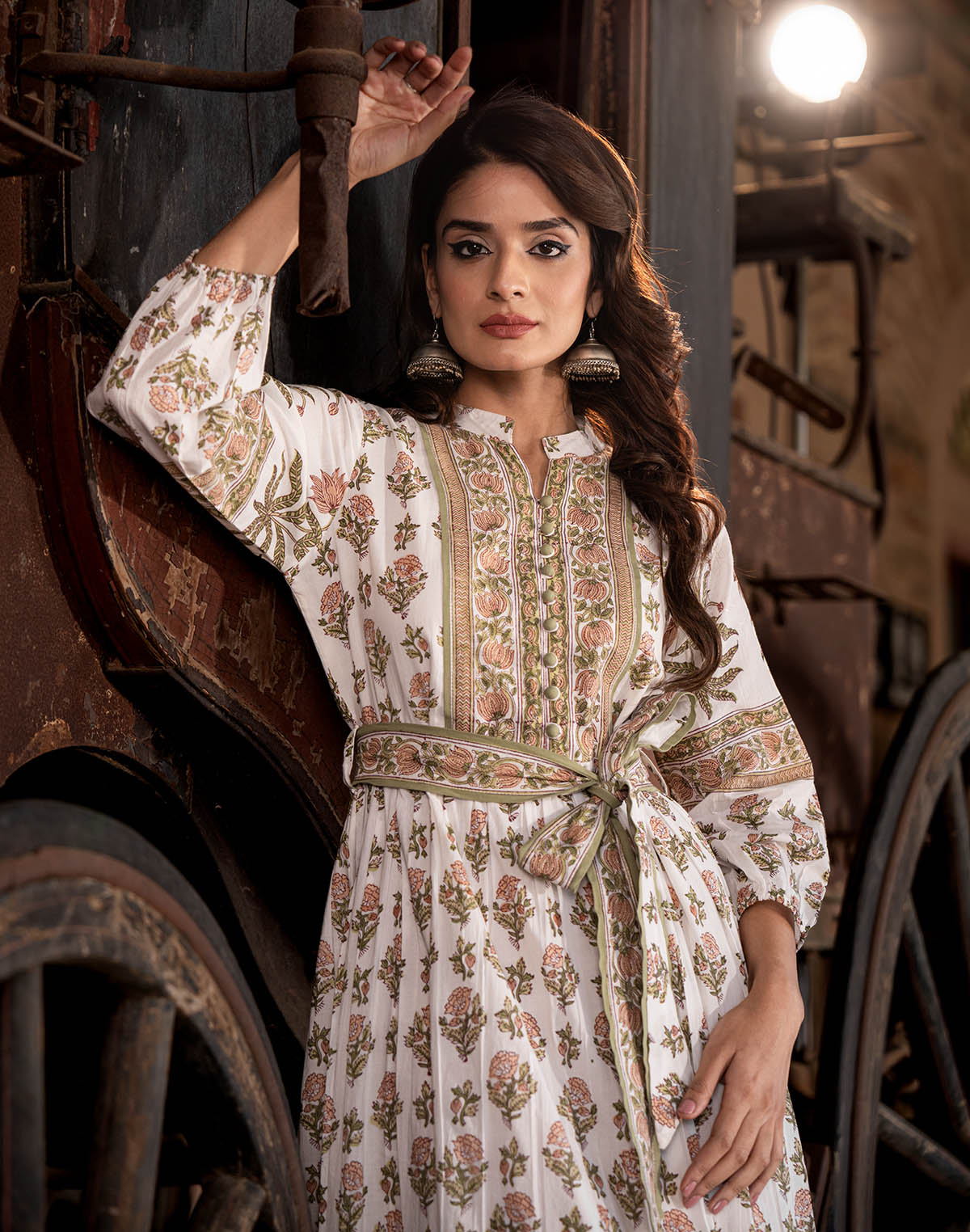 White Floral Print Cotton Kurti With Belt