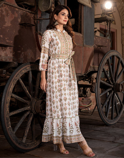 White Floral Print Cotton Kurti With Belt