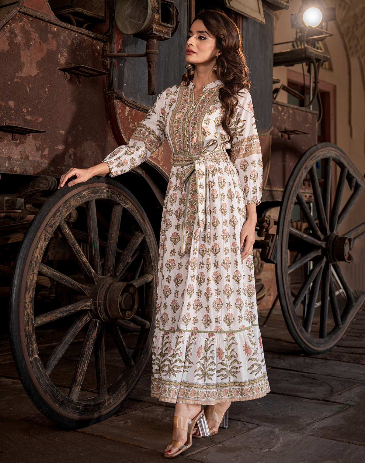 White Floral Print Cotton Kurti With Belt