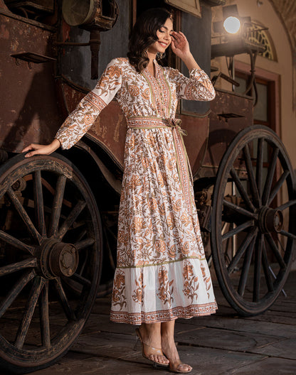 Floral Print Cotton White Coloured Kurti With Belt