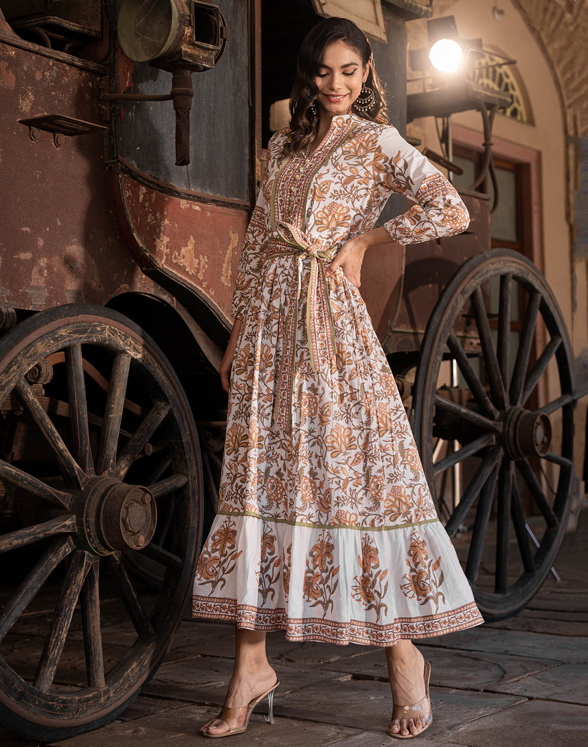 Floral Print Cotton White Coloured Kurti With Belt