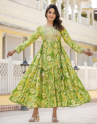 Pista Green Yoke Design Rayon Kurti