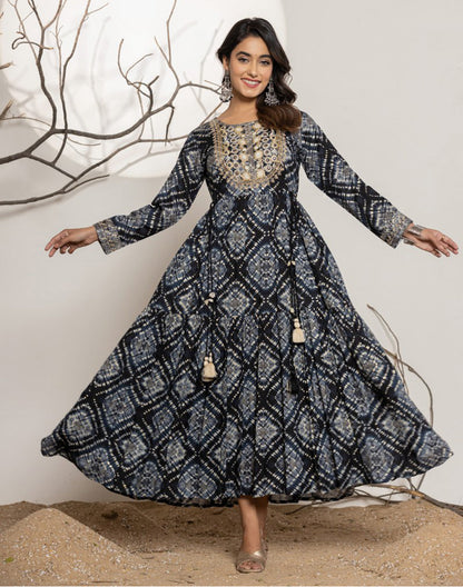 Black Rayon Graphic Anarkali Kurti