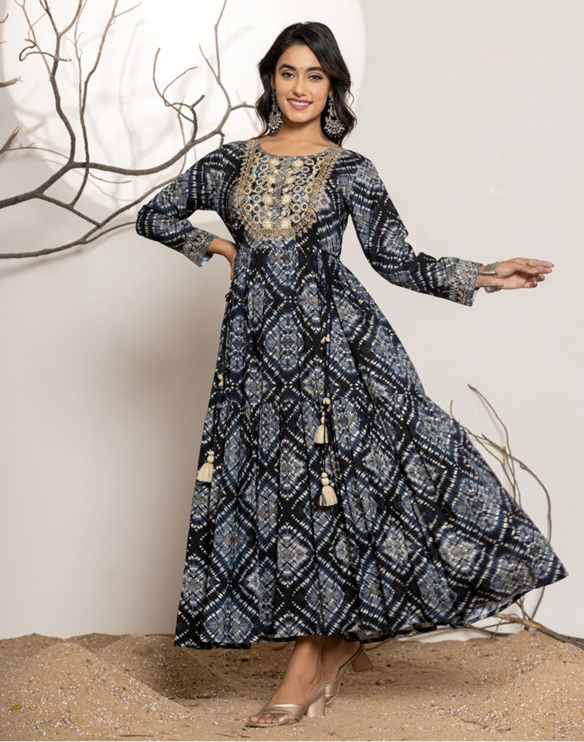 Black Rayon Graphic Anarkali Kurti