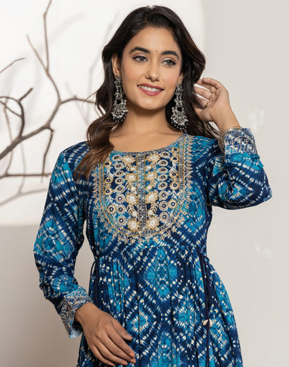 Blue Graphic Print Rayon Flary Kurti