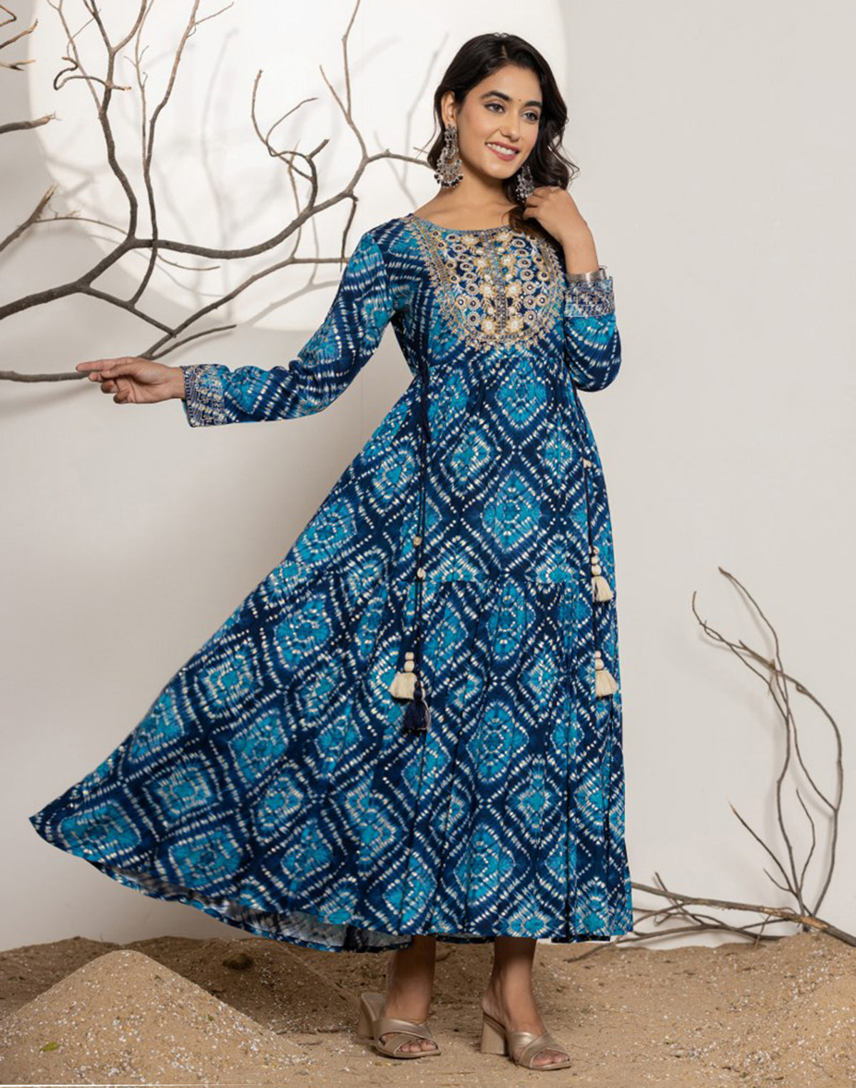 Blue Graphic Print Rayon Flary Kurti