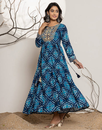 Blue Graphic Print Rayon Flary Kurti