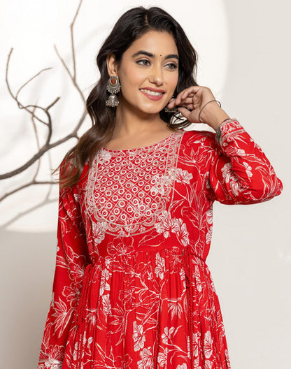 Cherry Red Floral Print Rayon Flared Kurti