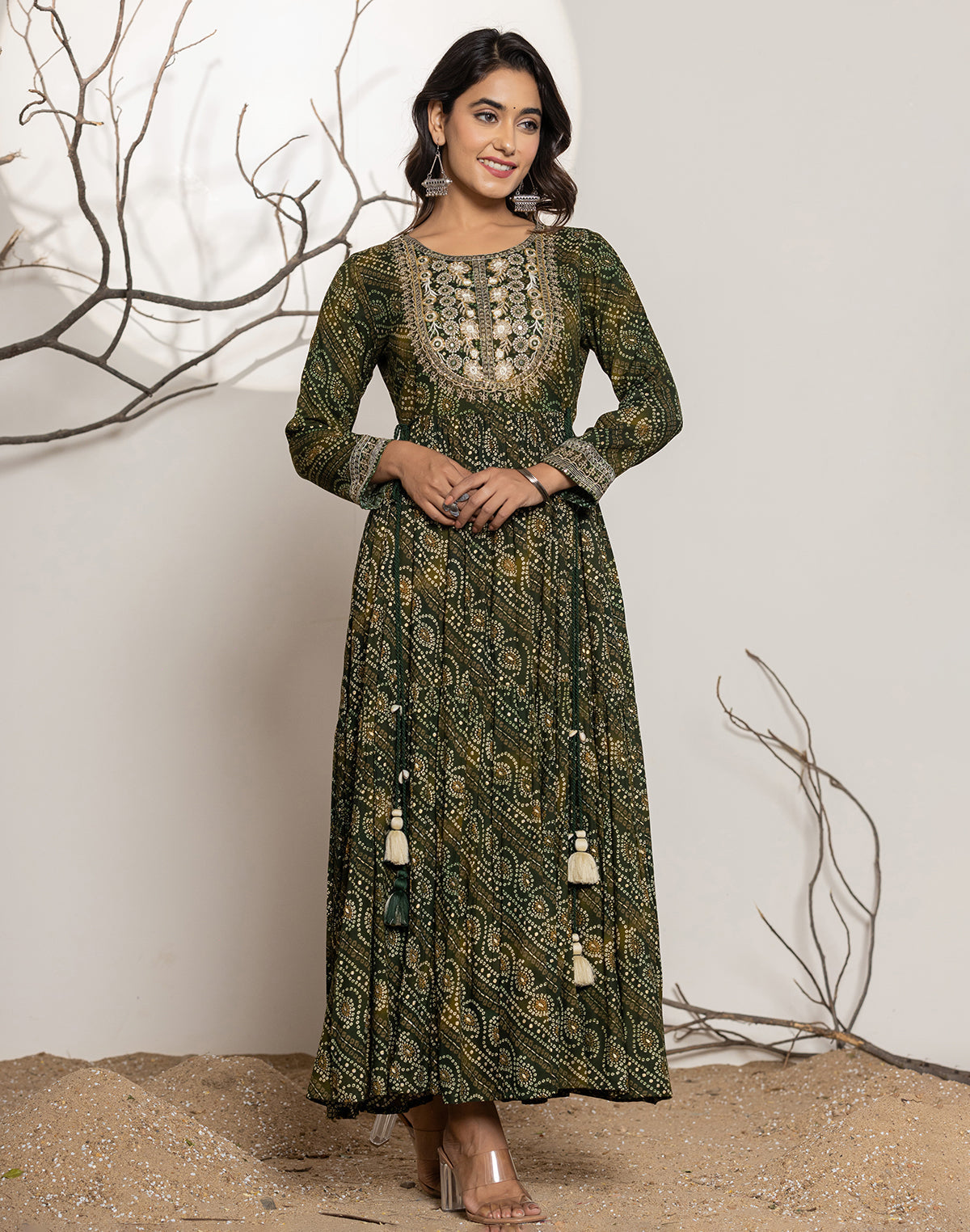 Mehendi Green Bandhini Print Rayon Flary Kurti