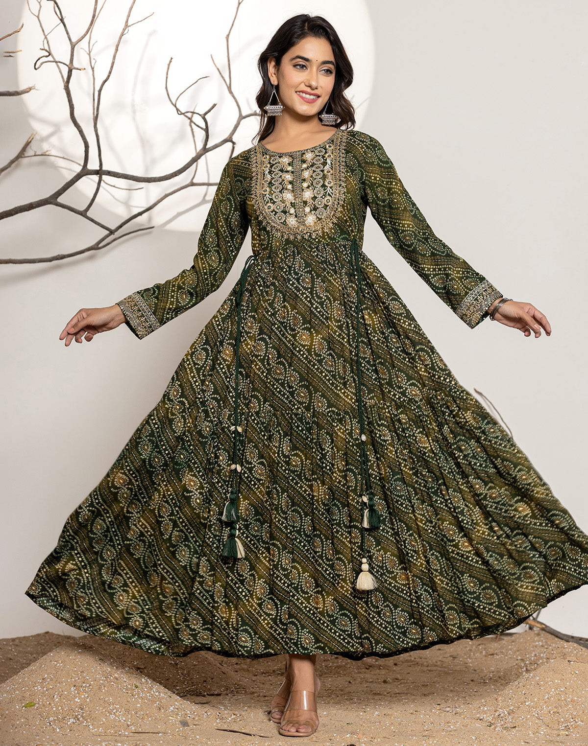 Mehendi Green Bandhini Print Rayon Flary Kurti