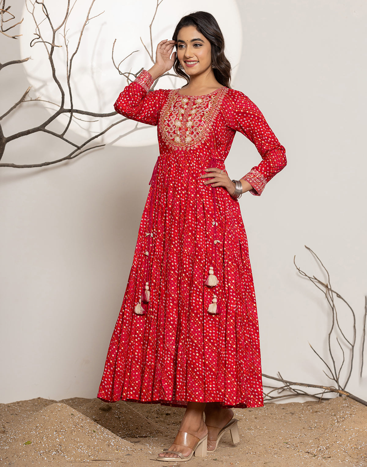 Red Bandhini Print Rayon Party Wear Kurti