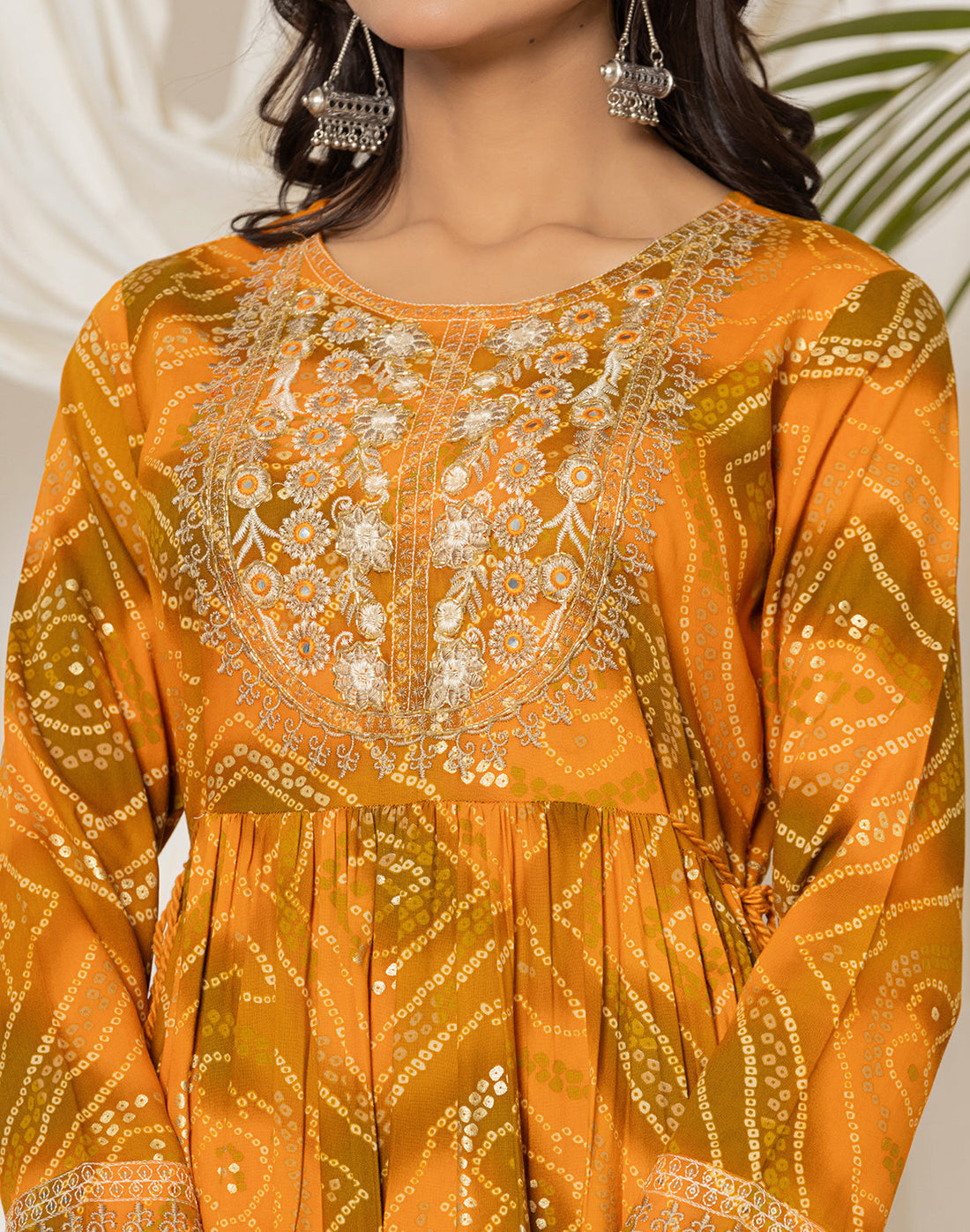 Mustard Rayon Bandhini Print Kurti in Round Neck