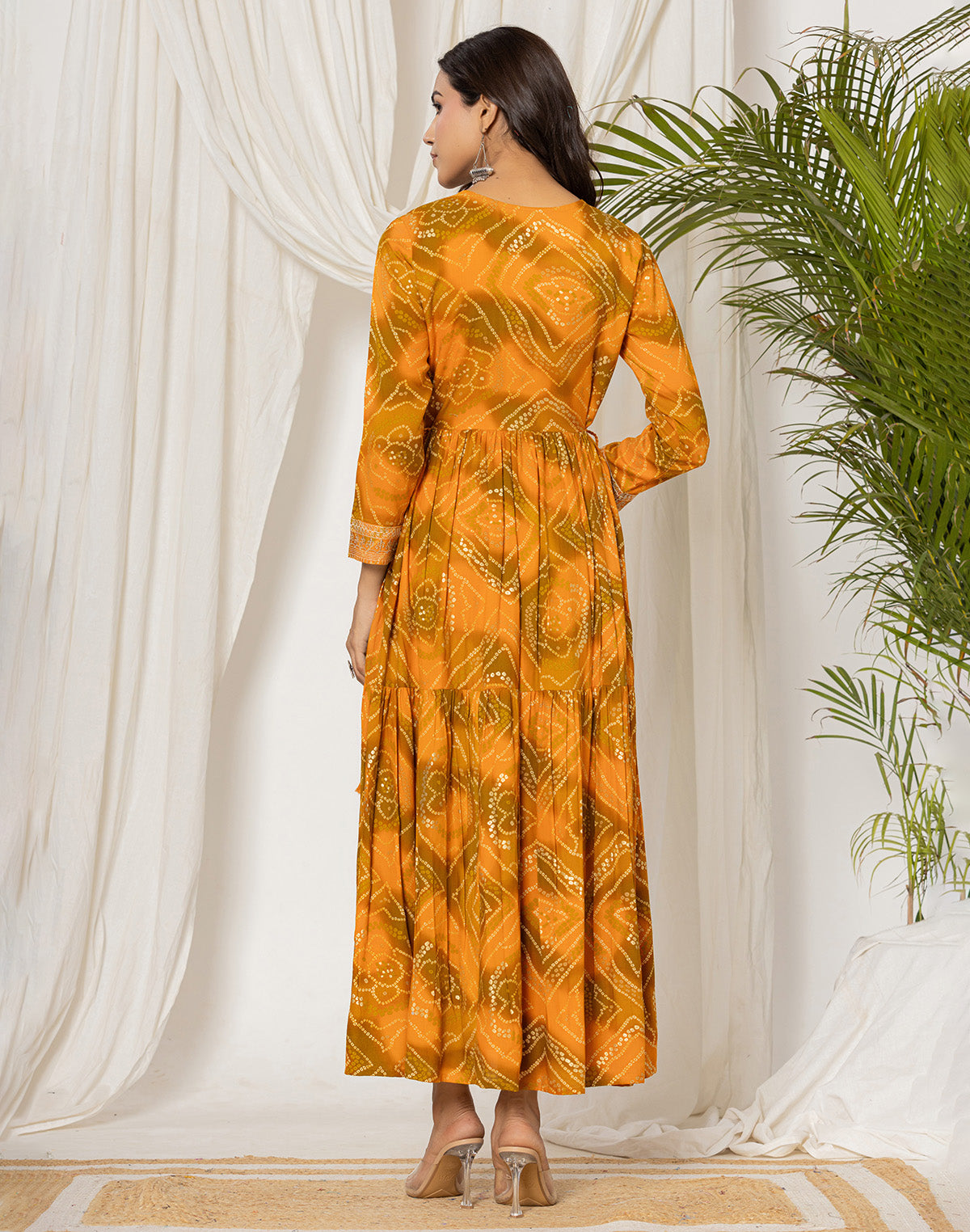 Mustard Rayon Bandhini Print Kurti in Round Neck