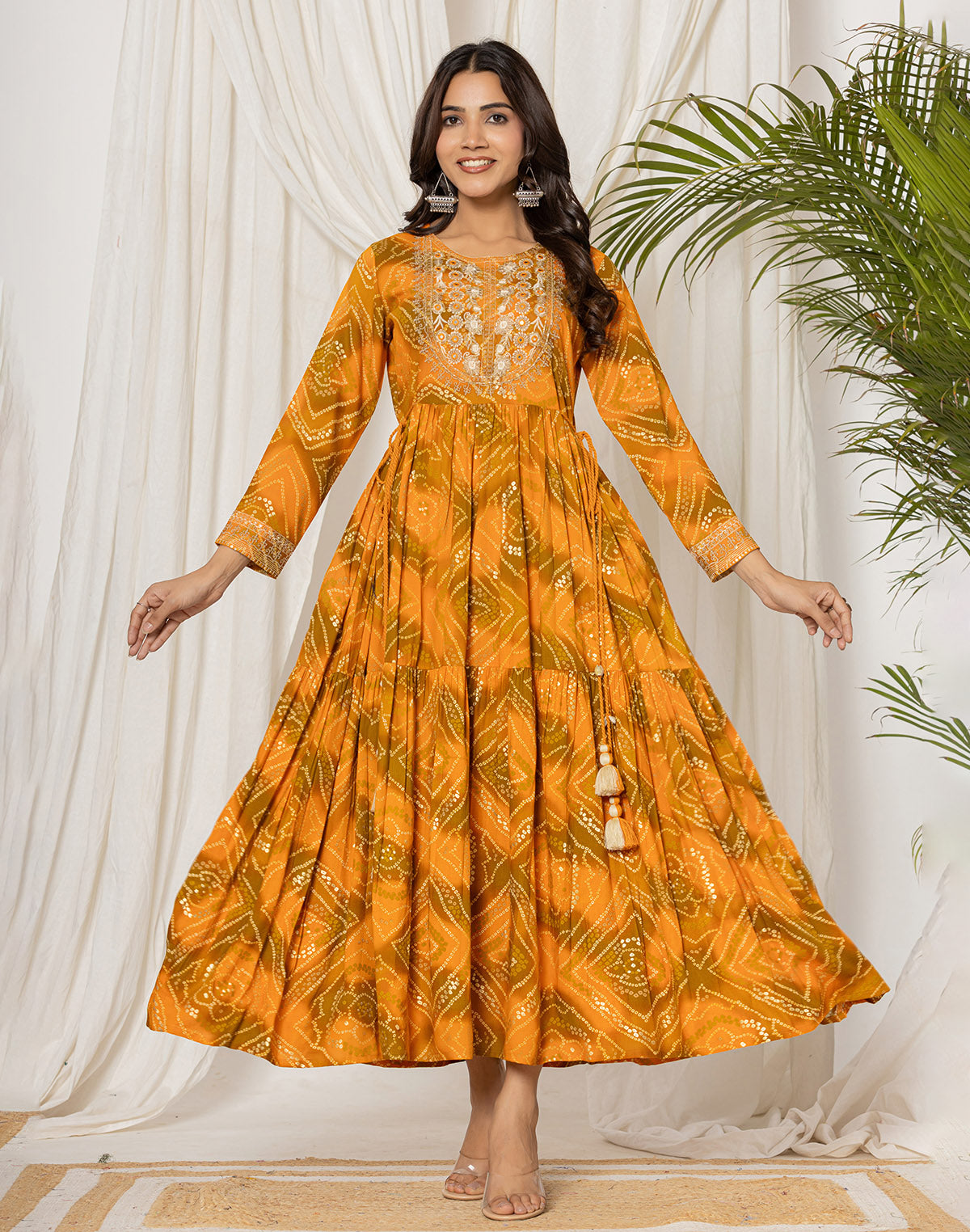 Mustard Rayon Bandhini Print Kurti in Round Neck