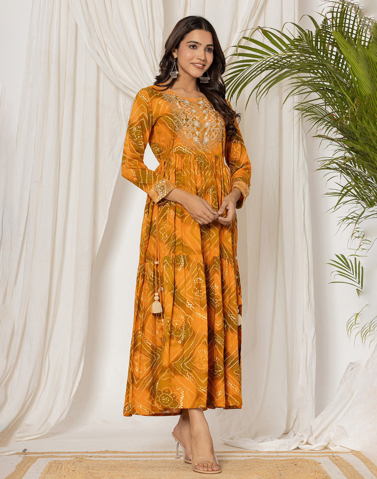 Mustard Rayon Bandhini Print Kurti in Round Neck