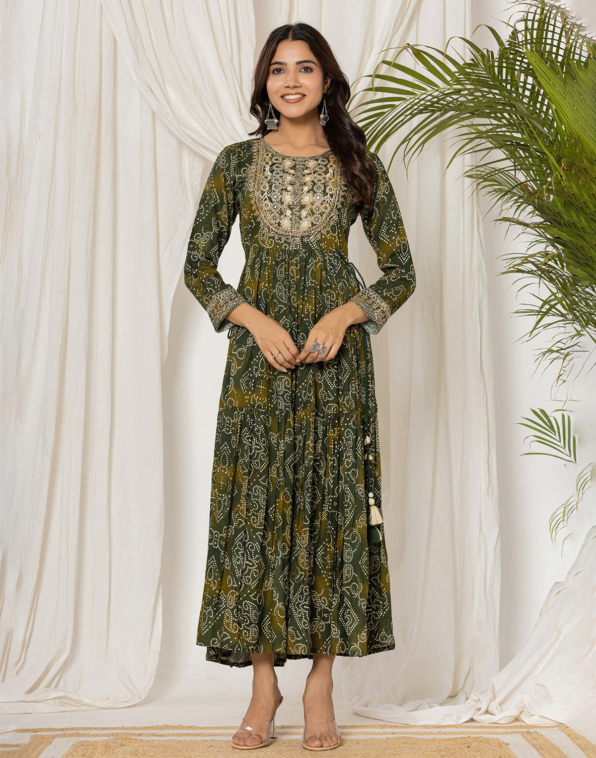 Mehendi Green Bandhini Print Rayon Kurti in Round Neck