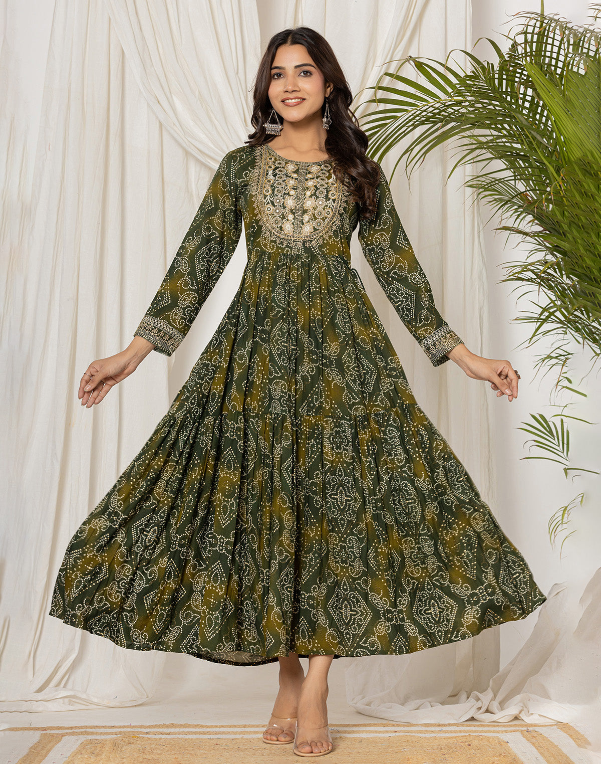 Mehendi Green Bandhini Print Rayon Kurti in Round Neck