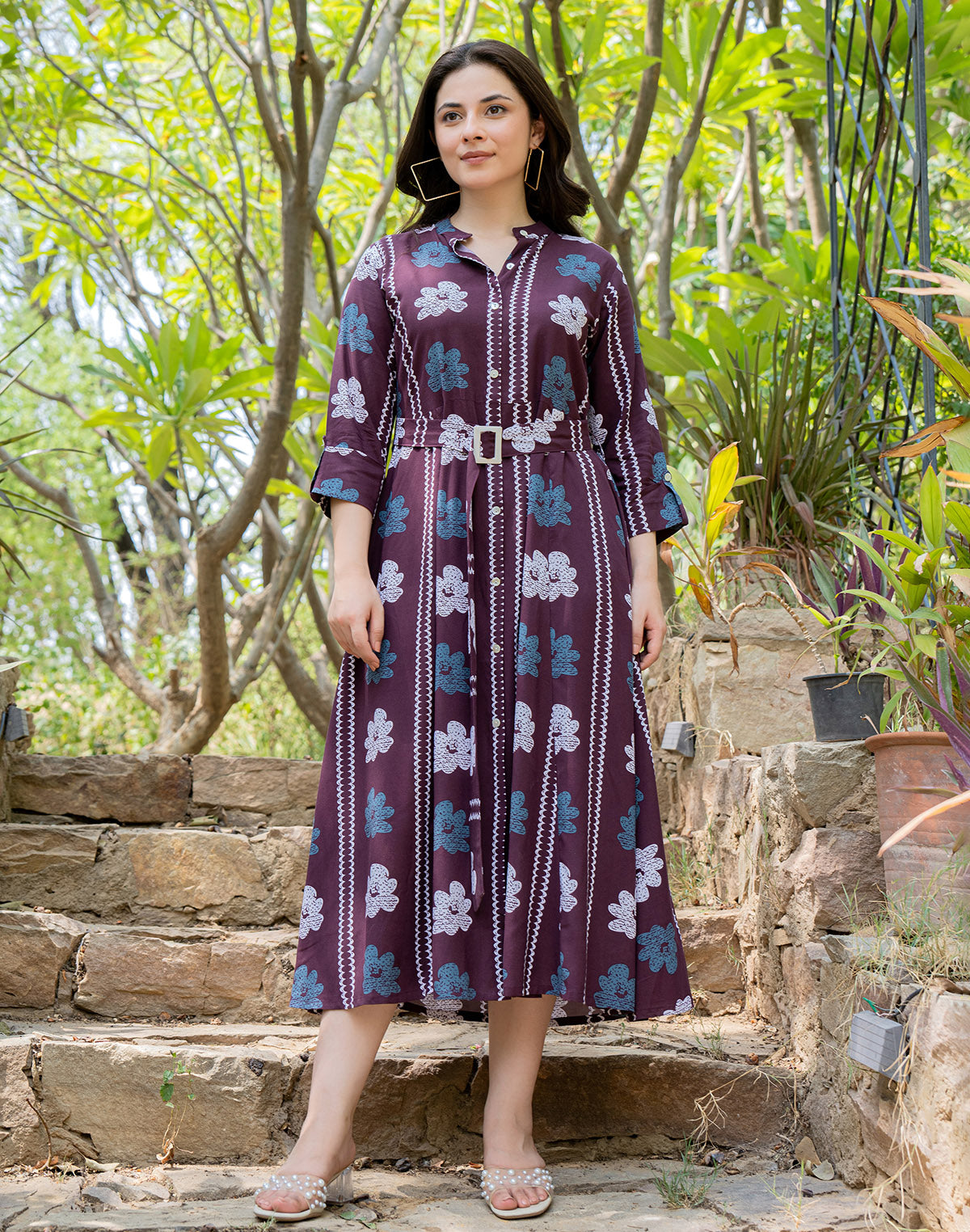 Wine Cotton Silk Floral Print Casual Wear Kurti With Belt