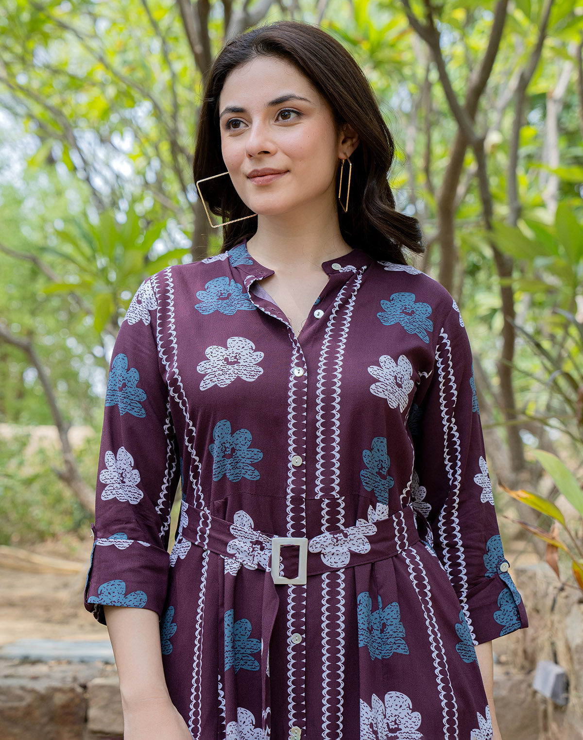 Wine Cotton Silk Floral Print Casual Wear Kurti With Belt