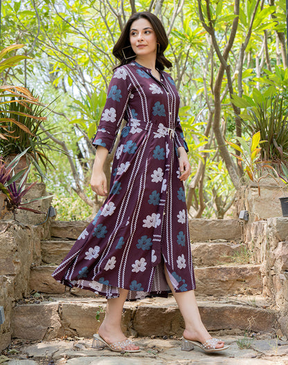 Wine Cotton Silk Floral Print Casual Wear Kurti With Belt